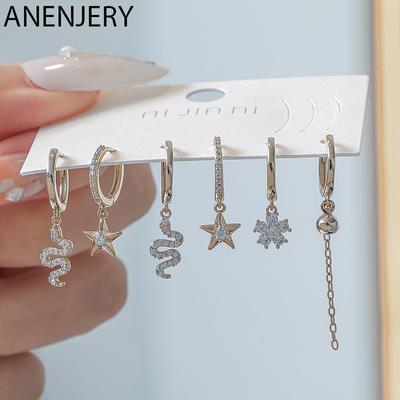Zircon Snake Star Flower Chain Tassel Hoop Earrings For Women Trendy 6-piece Earrings Set