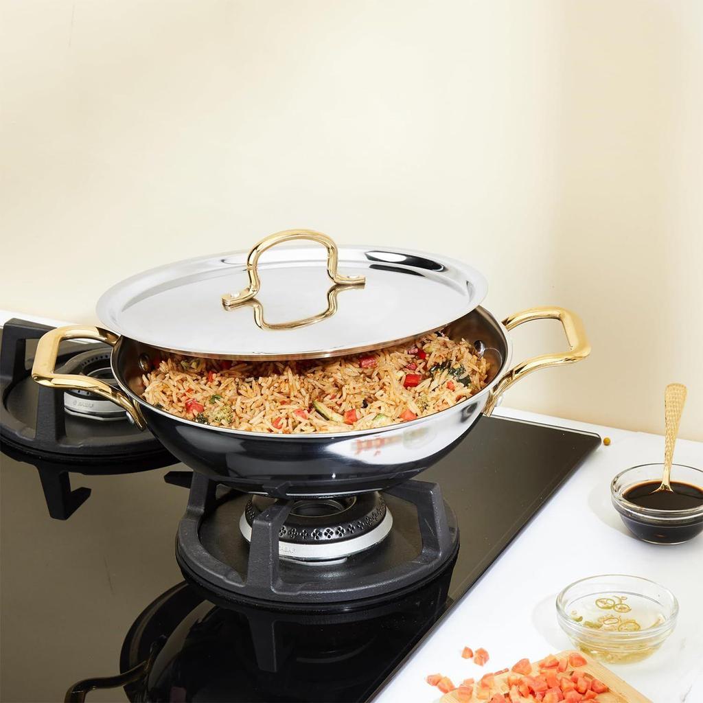 Stainless Steel Triply Kadai 24 Cm with Ss Lid and Pvd Coated Handles (Gold and Rose Gold Colour)