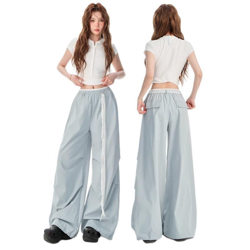 Light Blue Elastic Waist Lace Belt Overalls Women's Summer New Thin Paratrooper Quick-drying Casual Wide-leg Pants
