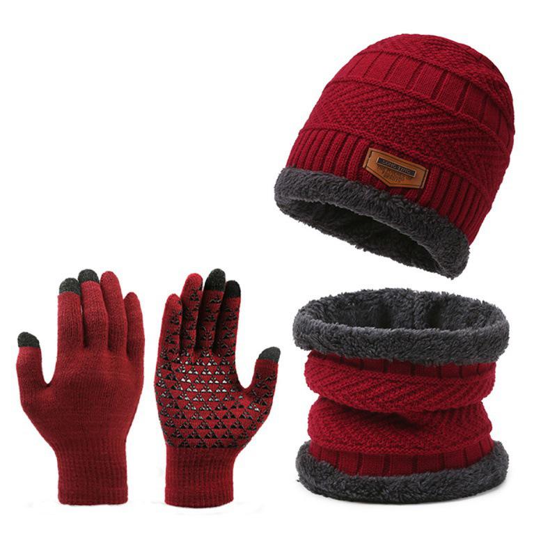 Dreiteiliges Winterset: Gestrickte Mütze, Rutschfeste Touchscreen-Handschuhe und Fleecegefütterter Wollschal