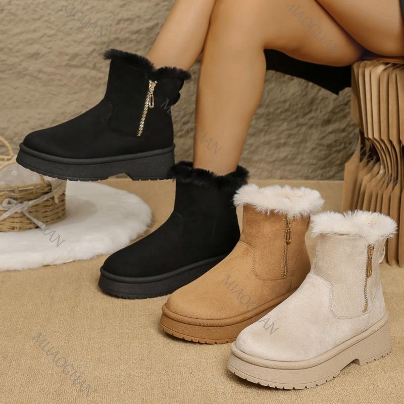 Fashion Platform Snow Boots Women Winter Warm Fashion Short Botas Short Plush Thick Heeled Solid Suede Side Zipper Cotton Botines Female