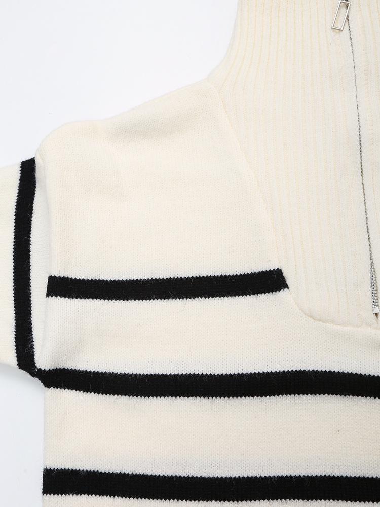Autumn/Winter Color Block Striped Zip-Up Sweater - Long Sleeve Fashion for Europe & America
