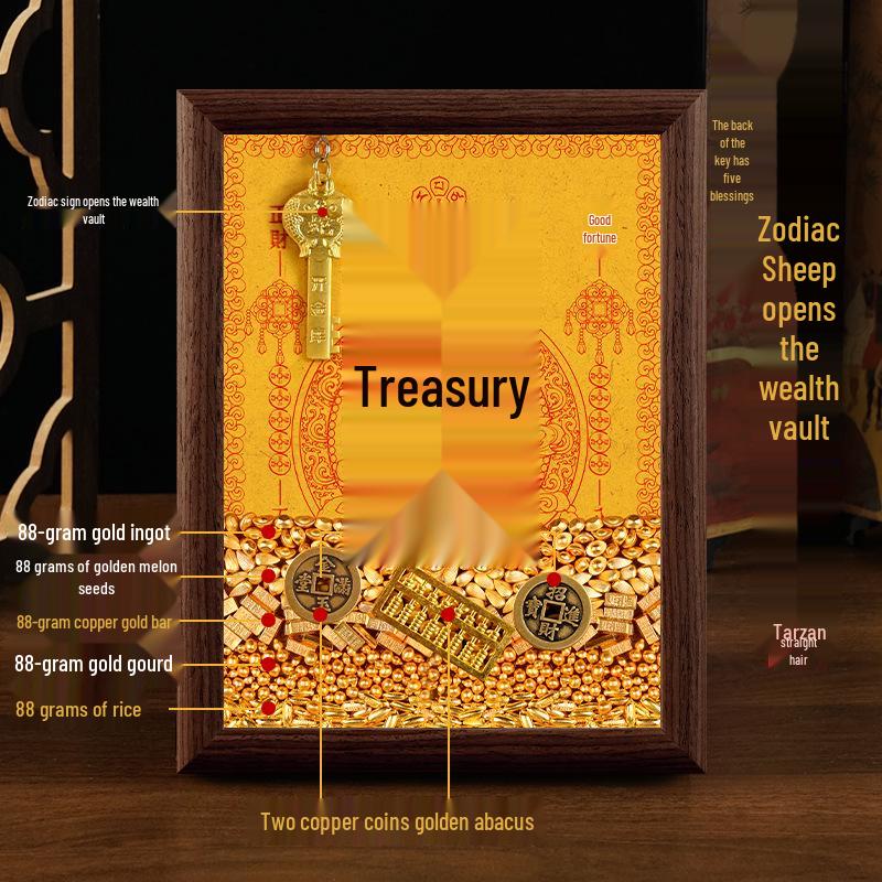 2025 Auspicious Open Wealth Photo Frame with Golden Key, Solid Wood Entrance Foyer, Zodiac Animals, Five Roads to Attract Wealth.