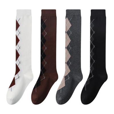 Fall/Winter Rhombic High Socks Jacquard Stockings Cotton Socks College Wind Girls Pile Socks Gray JK Retro Calf Socks