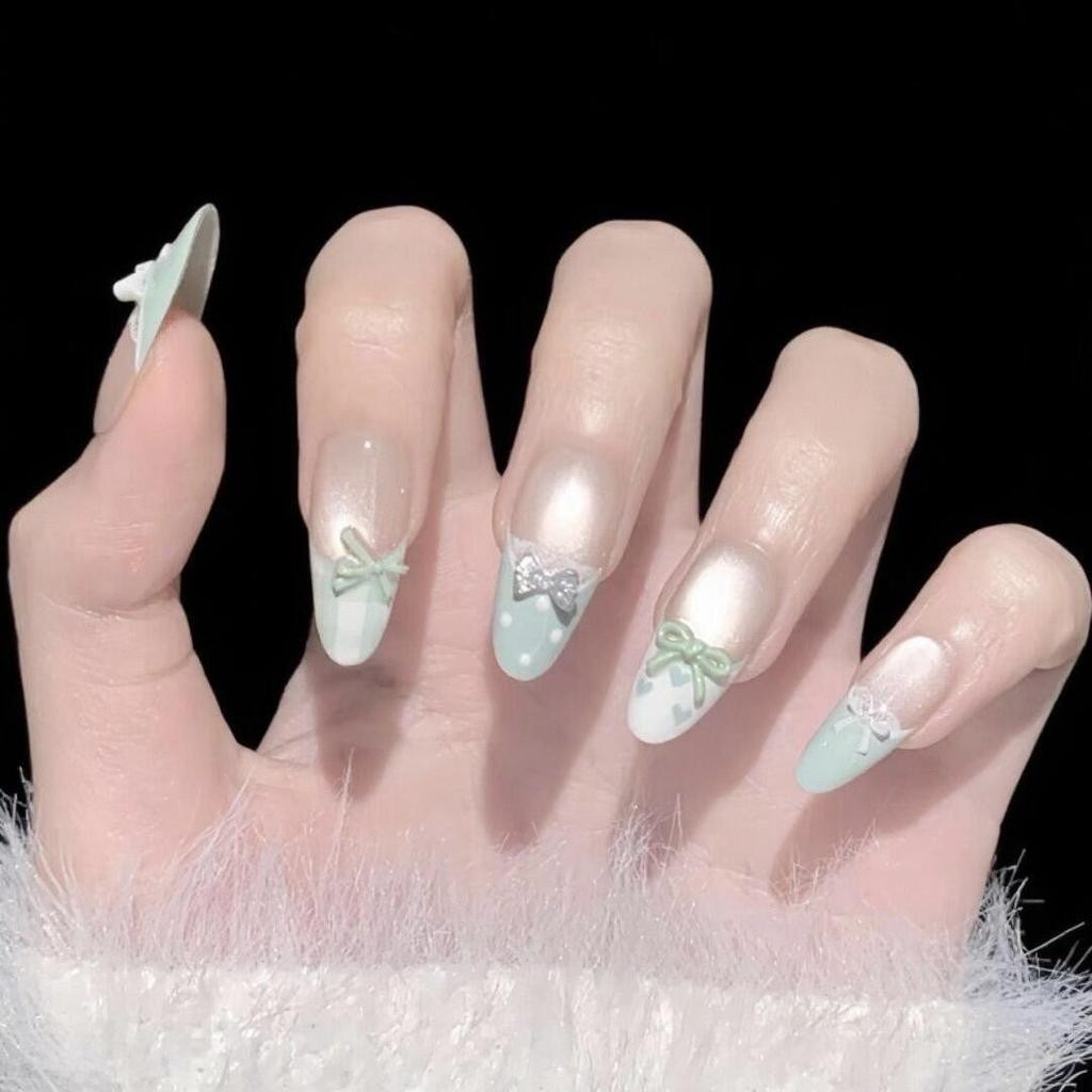 Blush French Cat Eye Princess Bow Nails - Handmade Wearable Nail Art