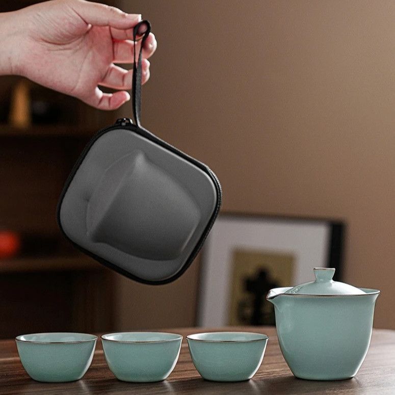 

Дорожный набор для кунг-фу чая Tianqing Ru Kiln Экспресс-чашка, Один чайник с тремя чашками, Для кемпинга на открытом воздухе Высококачественная керамика Портативный