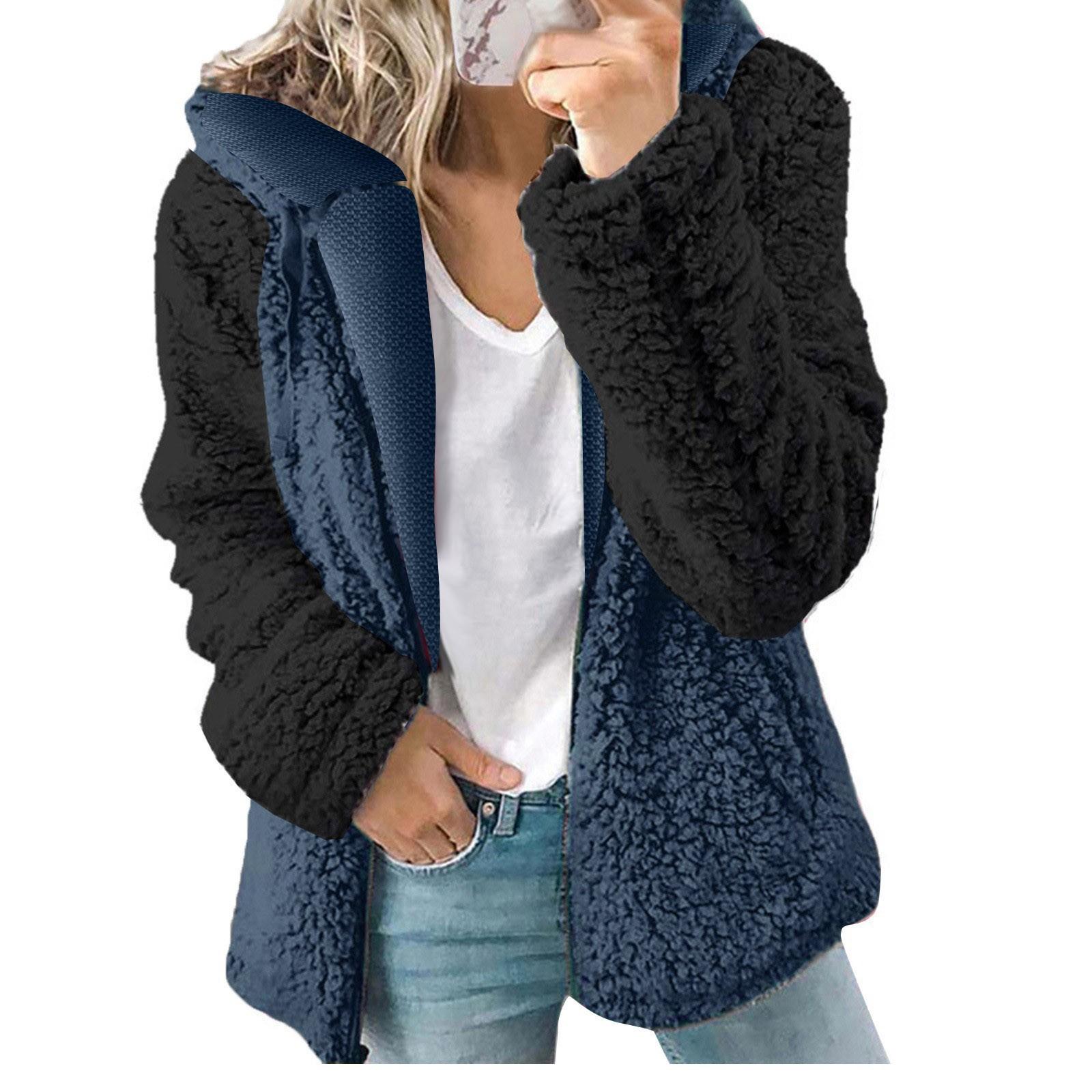 

Женская мода плюшевая молния с длинным рукавом шить теплый свитер топы пальто зимнее M