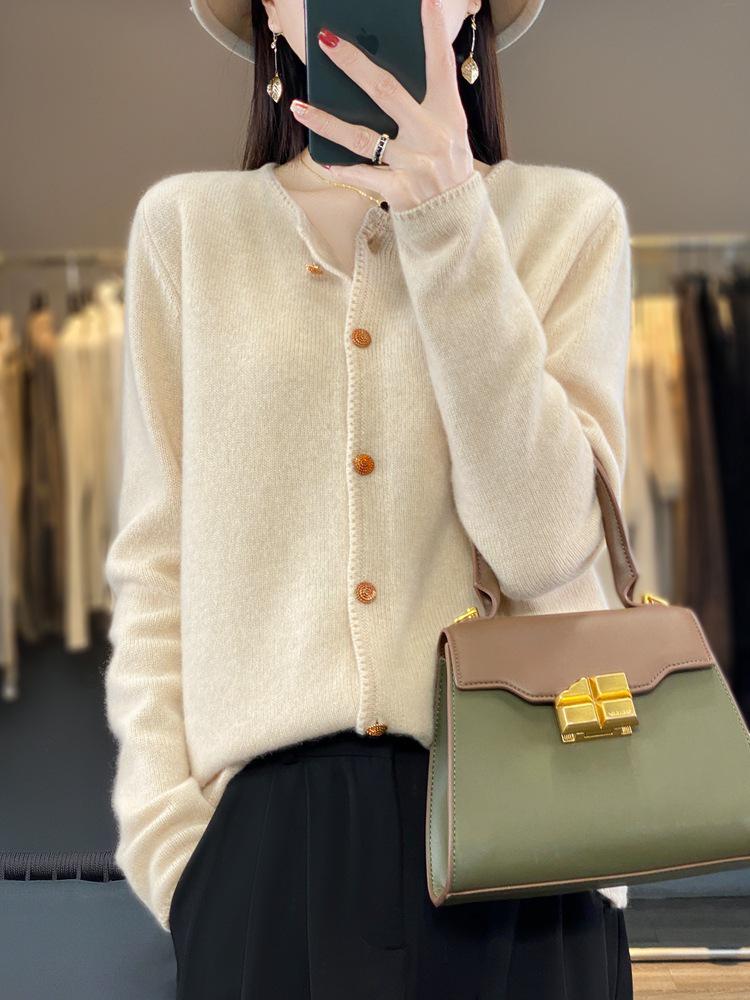 Women's 100% Wool Loose Slimming Round Neck Cardigan with Metal Buckle
