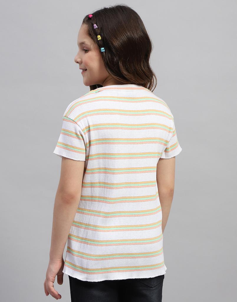 Monte Carlo Girls Orange Striped Round Neck Half Sleeve Top