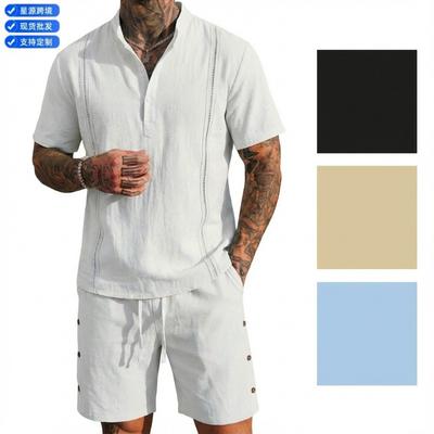 Men Linen Blend Short Sleeve Henley Shirt And Shorts Set
