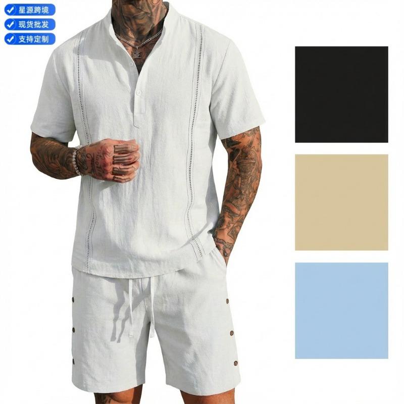 Men Linen Blend Short Sleeve Henley Shirt And Shorts Set