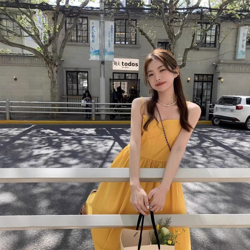New Seaside Vacation Yellow Suspender Dress Children Summer French Gentle Wind Travel Wear Long Dress