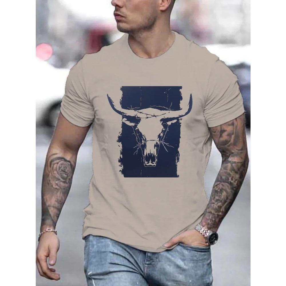 Sommar herr 100% ren bomull avslappnad lös stor storlek Västerländsk tjurhuvudmönster tryckt rundhalsad kortärmad T-shirt topp