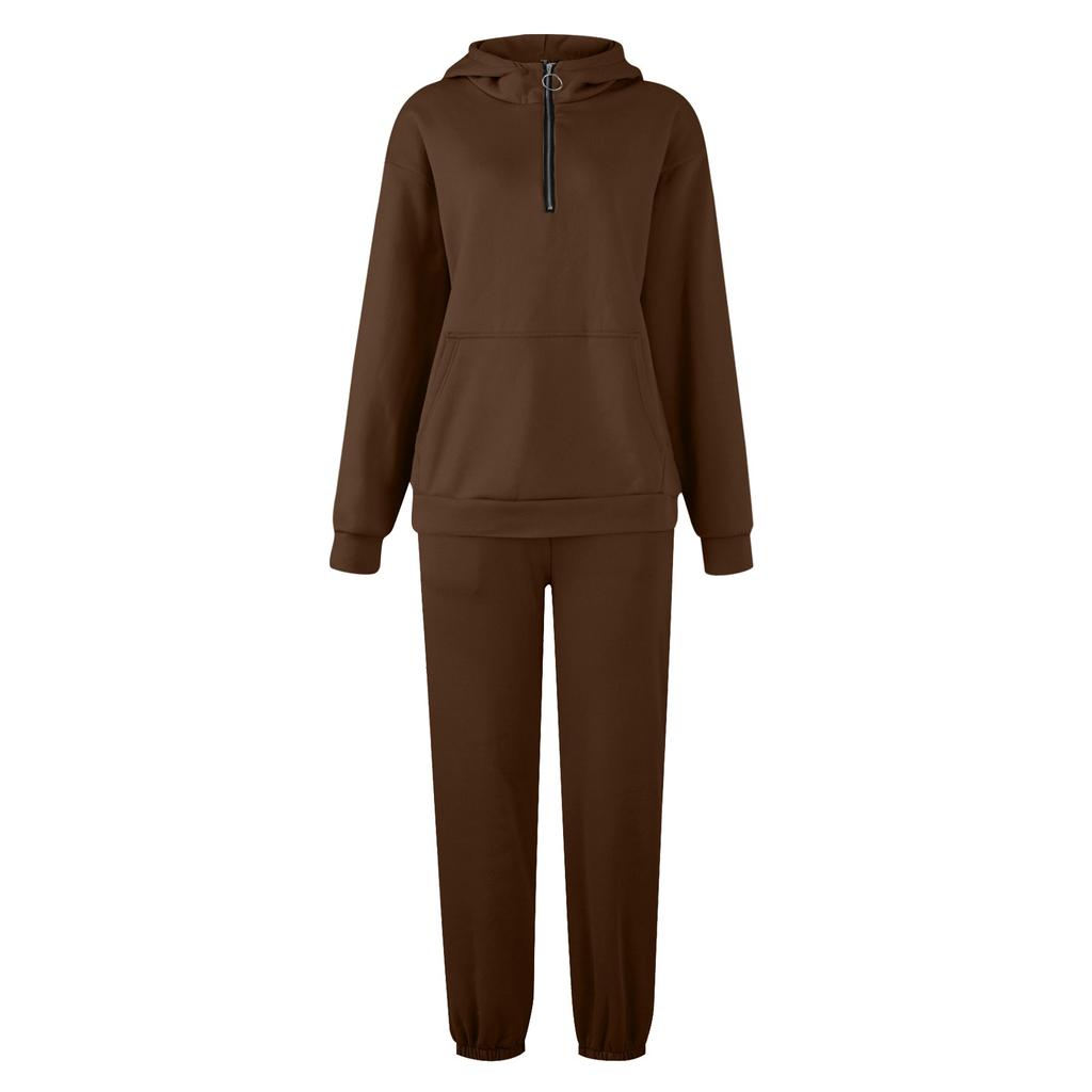 Kadın Sonbahar Ve Kış Fermuarlı Kazak Uzun Kollu Düz Renk Sweatshirt İki Parça Spor Takımı
