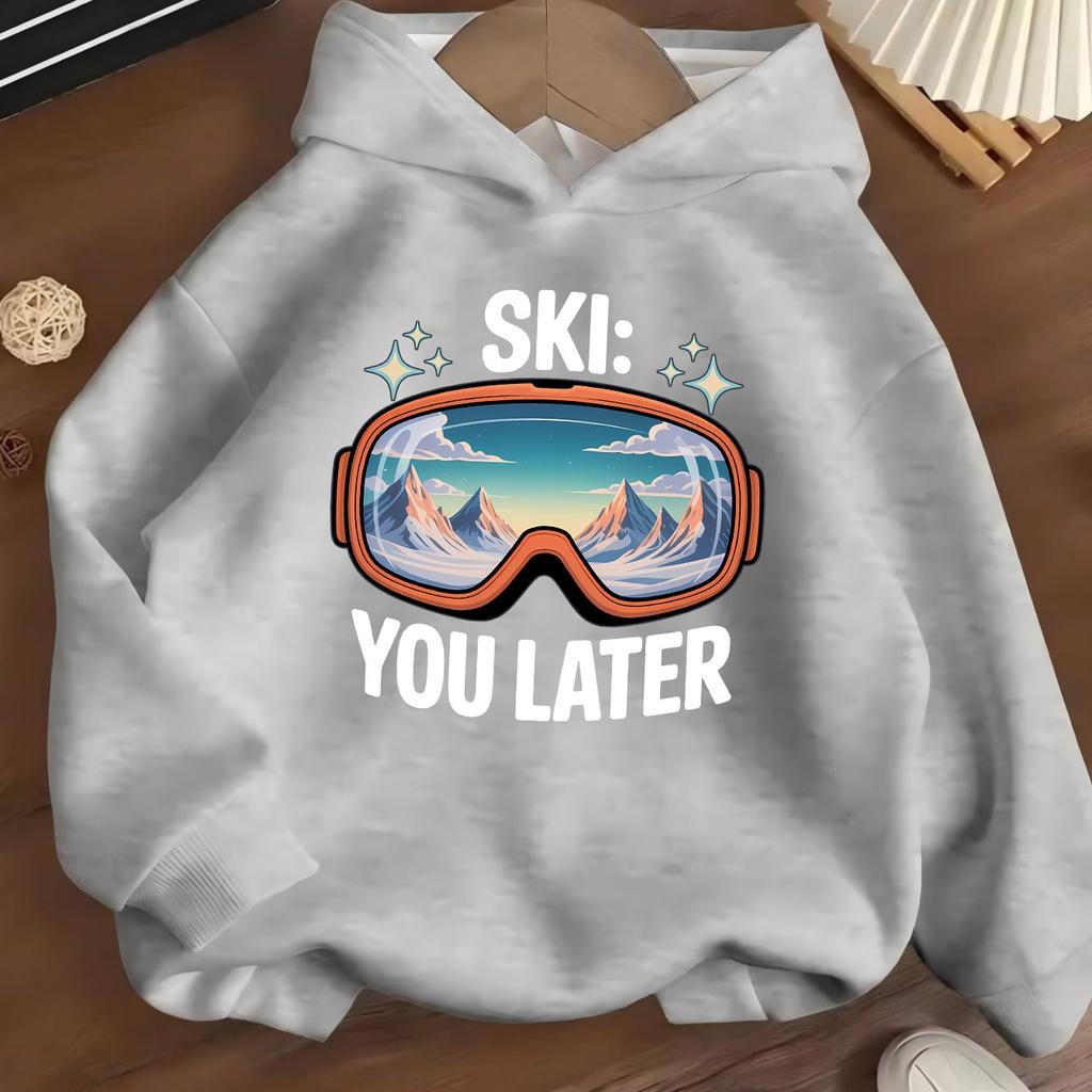 Kışlık Sıcak ve Polar Astarlı, Rüzgar Geçirmez, Erkek ve Kız Çocukları İçin Kayak Gözlüğü Baskılı Kapüşonlu Sweatshirt, Kalın Outdoor Spor Üstü