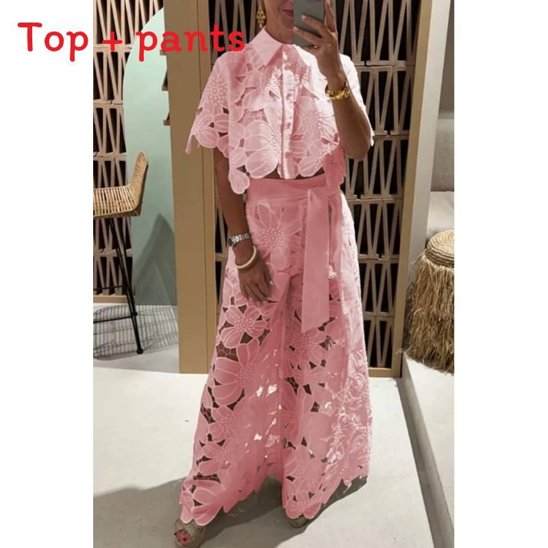 Summer Womens Casual Set With Hollow Out Overlay And Long Pants For Beach And Leisure