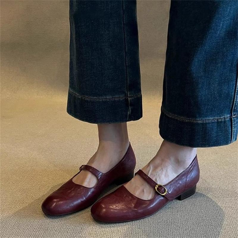 Shallow Mouth Genuine Leather Women's Shoes Flat Mary Jane Shoes Women Retro Simple Low Heel Shoes