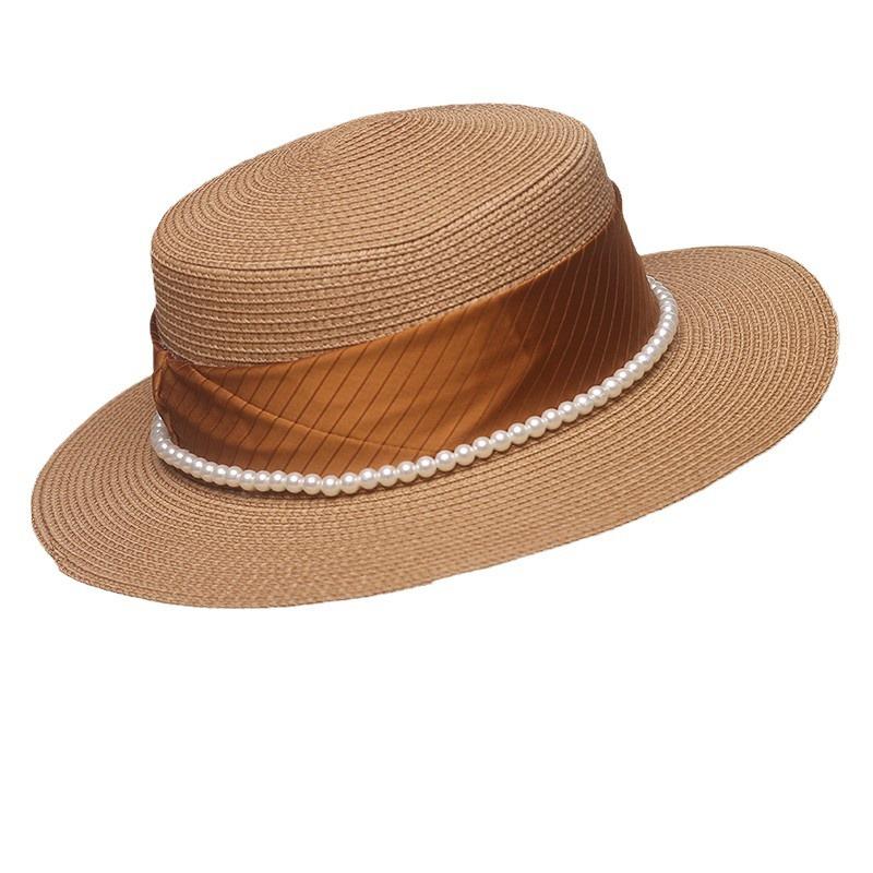 Pearl Straw Hat Women's Summer Retro Flat Top Small Fresh Top Hat Shading Sun Protection Beach Hat Traveling by the Sea
