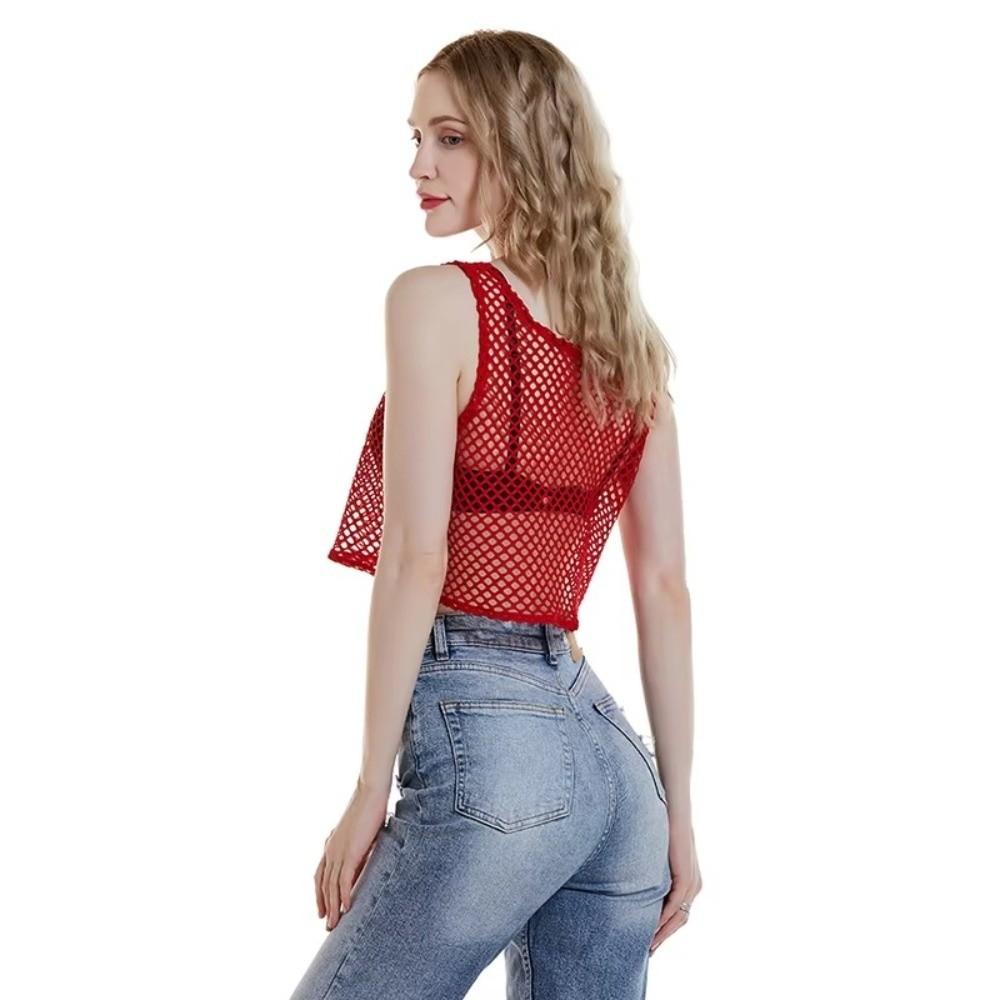 Short Vest Hollow Out Top Sexy Style Crop Top Loose T-shirt Mesh T-shirt  Female Fashion