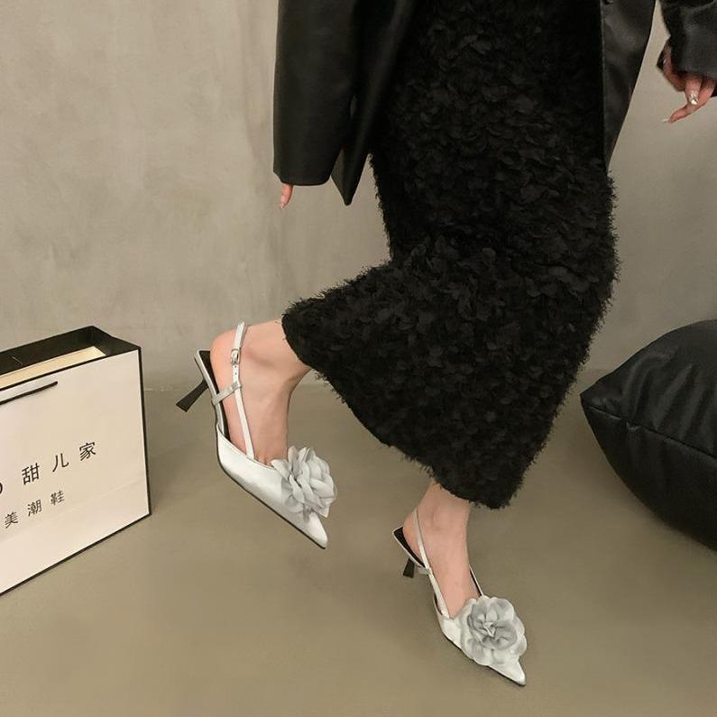 Design sense flower high heels French bag head sandals women's shoes 2025 new spring and summer temperament pointed single shoes