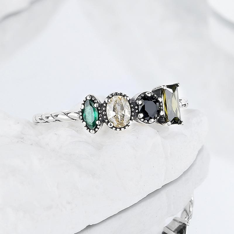 S925 Sterling Silver Olive Green Square Zircon Twisted Rope Chain Ring Women'S Irregular Inlaid Index Finger Ring