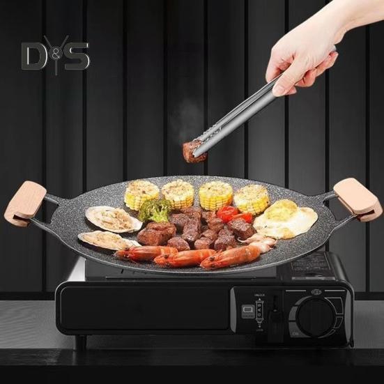 Litinový plech na pečení s rukojeťmi, nepřilnavá kulatá pánev na grilování steaků, mořských plodů, zeleniny, palačinek, multifunkční grilovací pánev na sporák, táborák
