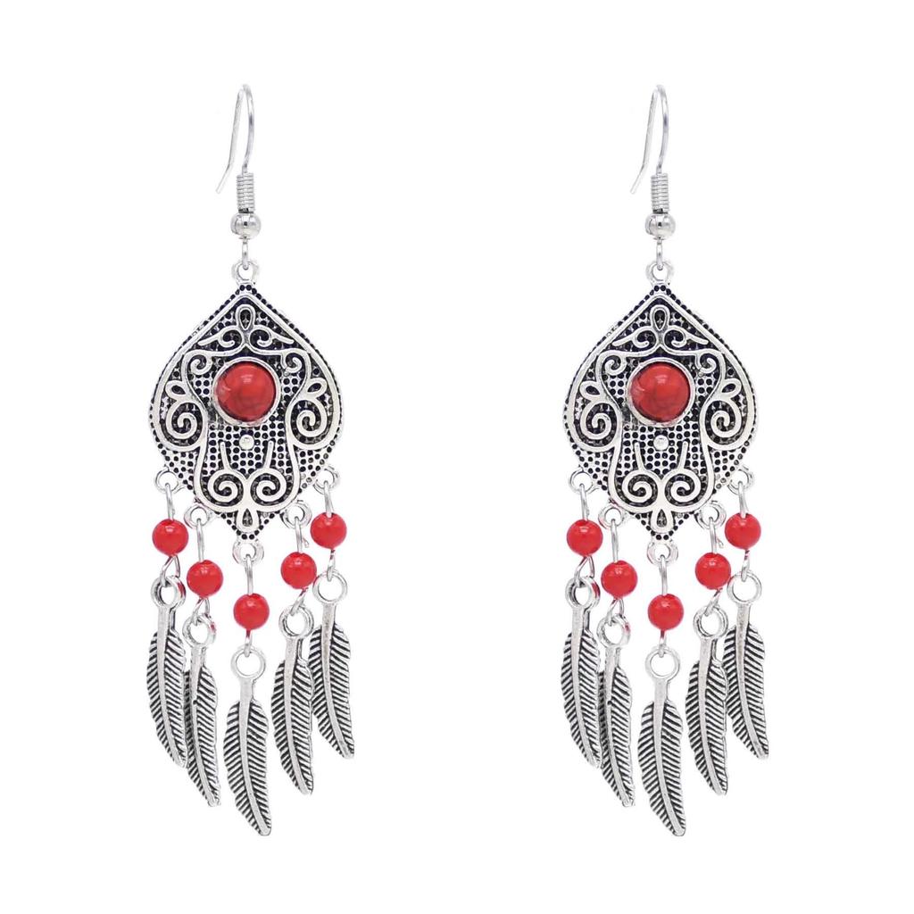 Turquoise earrings ethnic style engraving alloy feather fringed earrings retro beaded earrings