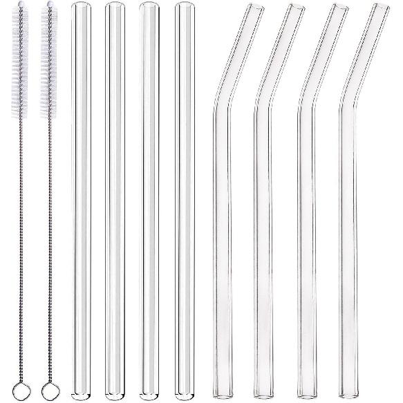 ALINK Skinny Clear Glass Straws, 10.5" x 7 mm Long Reble Drinking Straws for 30 oz 20 oz RTIC/YETI Stanley Tumblers, Mason Jars, Pack of 8 with 2