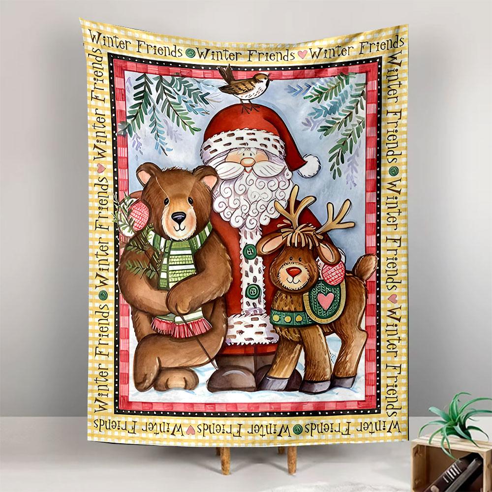 Vintage Wall Tapestry Folk Art Christmas Santa Bear Reindeer Winter Friends Decor for Holiday Living Room Gift
