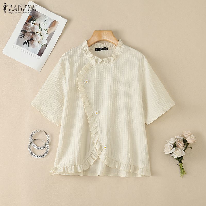ZANZEA Women Casual Round Neck Solid Color Loose Short Sleeve Blouse