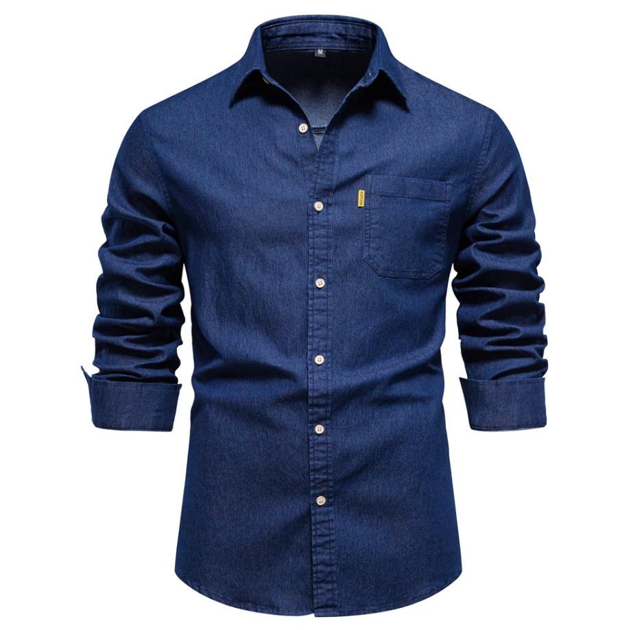 Men's European Casual Denim Long Sleeve Shirt, Solid Color, 2024 Edition