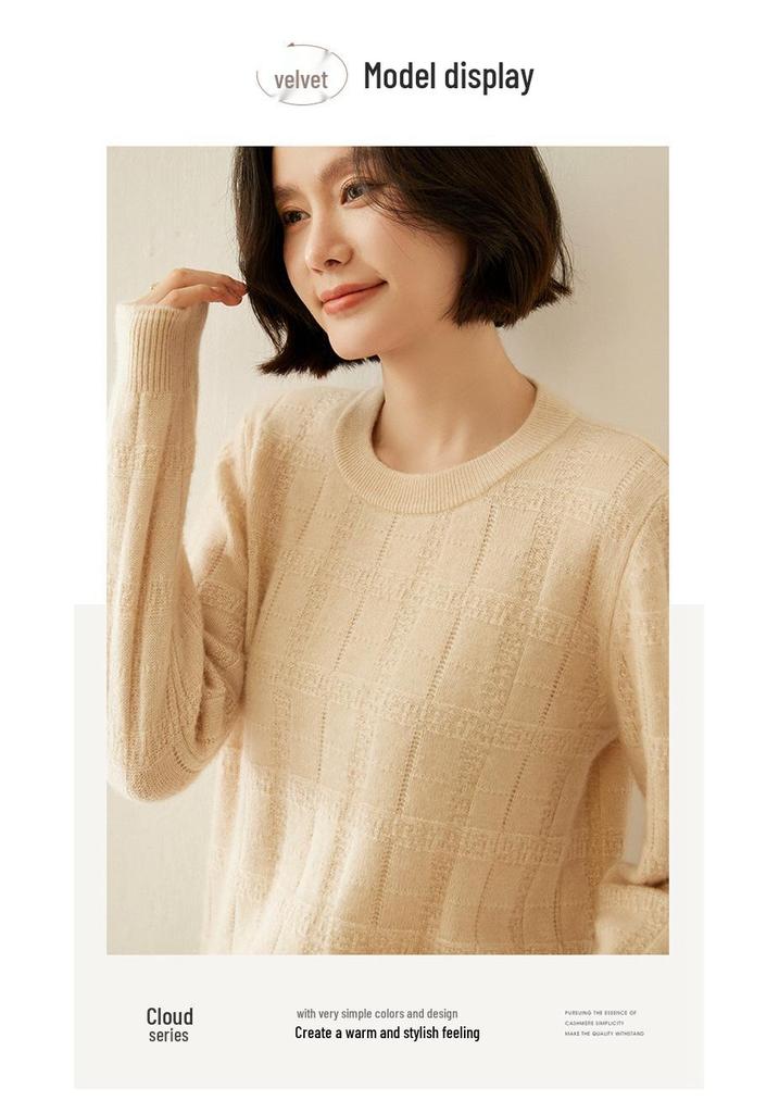Women's Textured Cashmere Crew Neck Long-Sleeve Pullover Top for Autumn/Winter