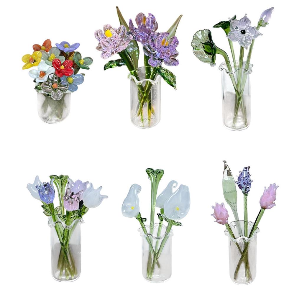 Glass Flowers Figurine with Vase Gifts Home Decorations Office Home Decor Bouquet Gift for Girlfriend Mom Women Birthday Wedding