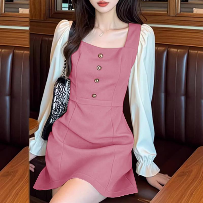 VONDA Women Casual Long Sleeve Square Neck Colorblock Dress