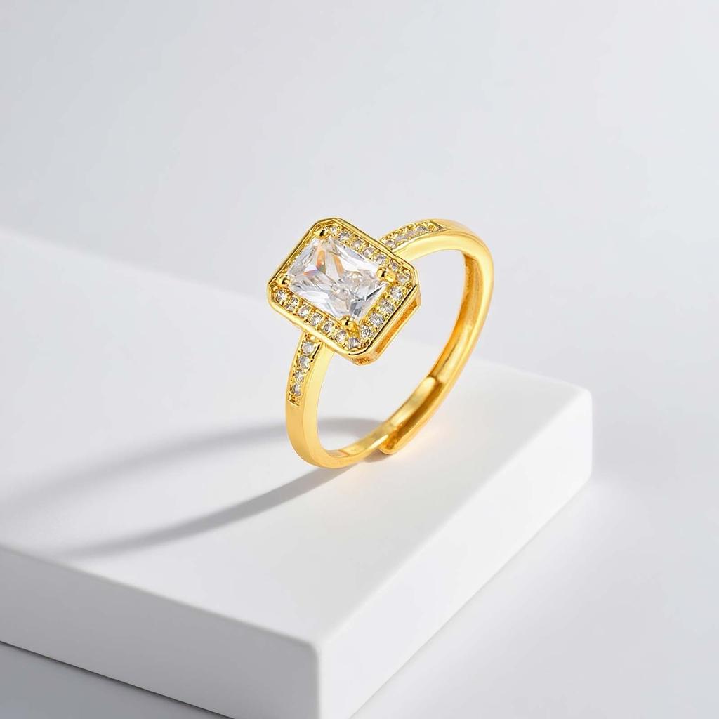 Luxurious Rectangular Zircon Ring for Women,Gold Plated Simple Big Rings Adjustable,Fashion Wedding Party Jewelry Gift