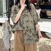 Summer New Green Women's Short Sleeved Chic Printed Loose Single Breasted Jacket Retro Versatile Ladies Shirt