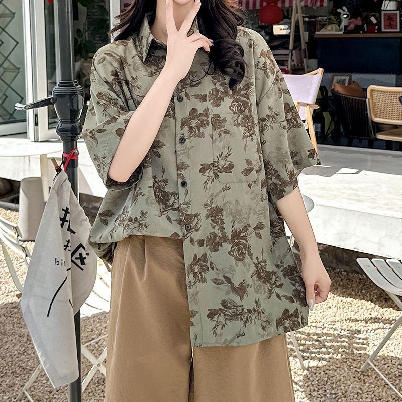 Summer New Green Women's Short Sleeved Chic Printed Loose Single Breasted Jacket Retro Versatile Ladies Shirt