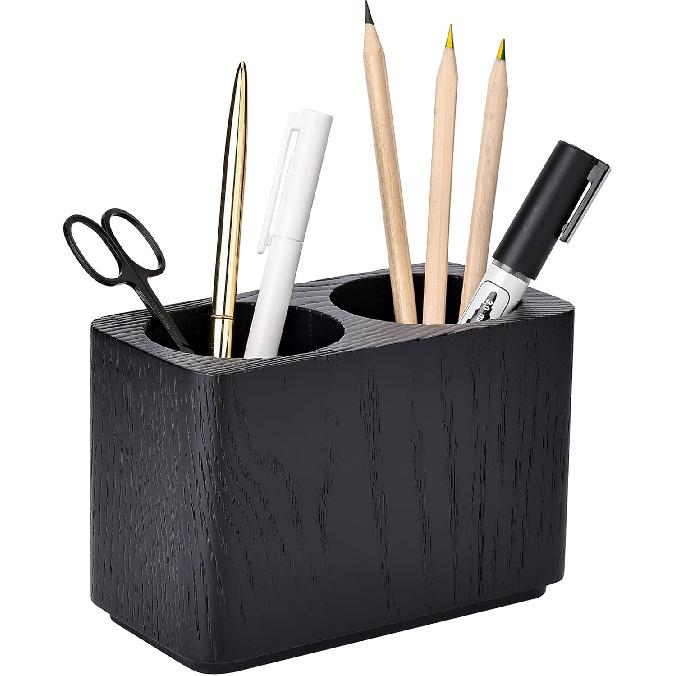 Oak Solid Wood Pen &Pencil Holder for Desk, Office Stationery Organizer, Table Pencil Cup Stand,Desk Accessories Holder, Two Cups Practical Design. Char Black