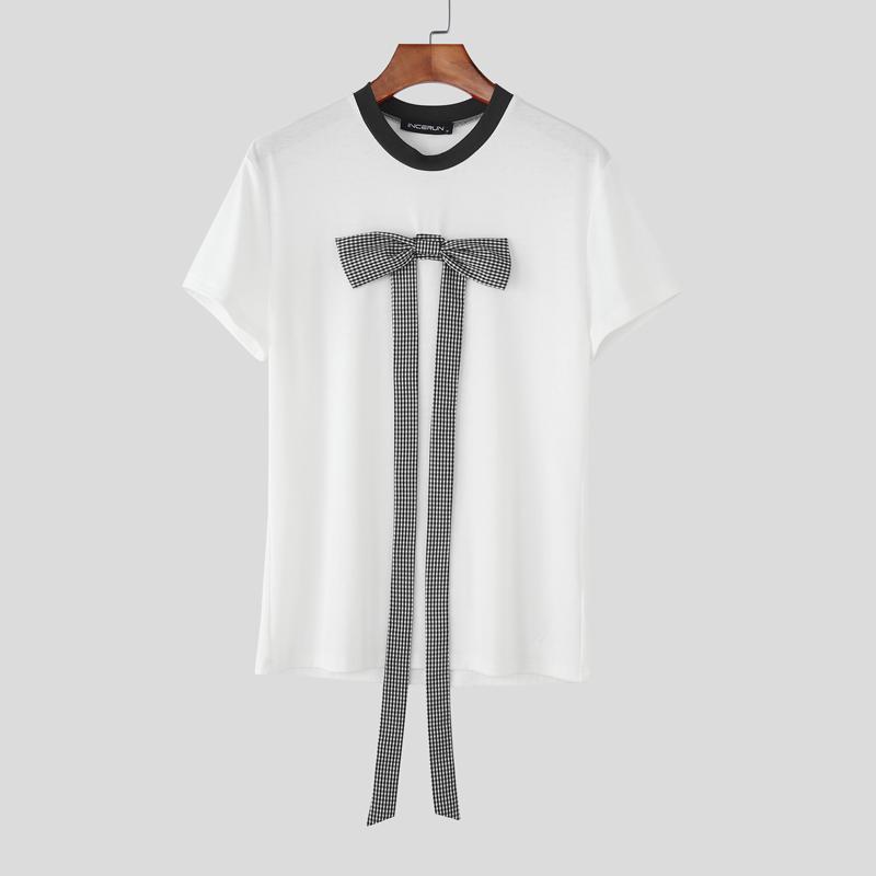 

INCERUN Men Short Sleeve Bow Knot Patchwork Casual Fitted T-shirts Tops S чорний