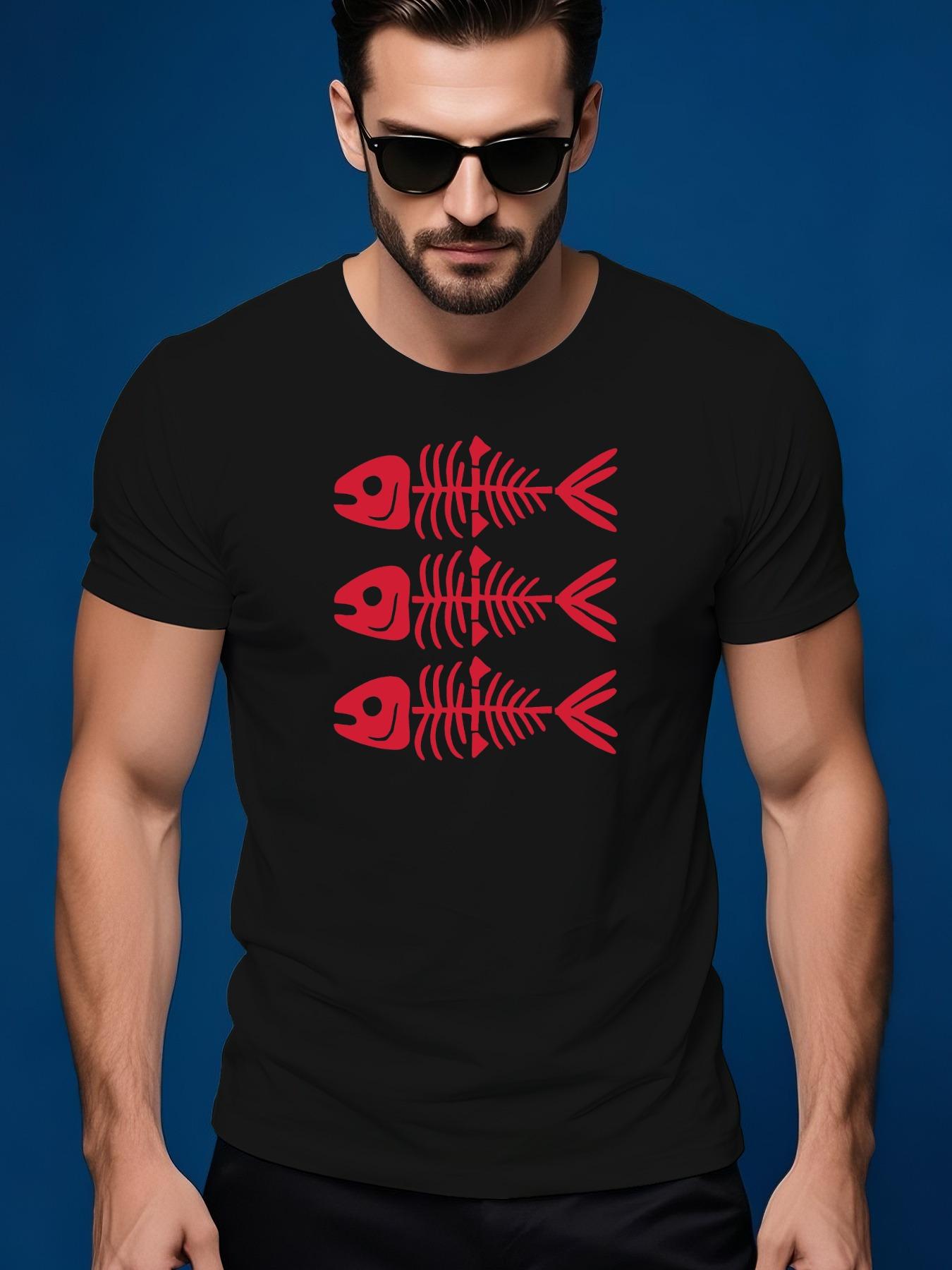 Cotton Tshirt with Bold Red Fish Skeleton Print XXL