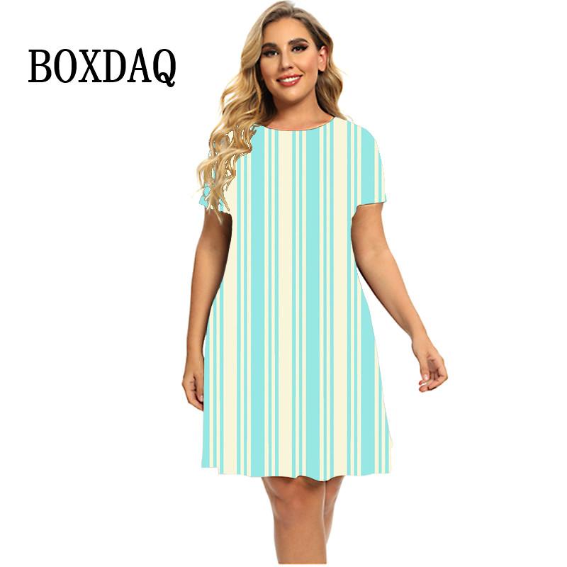 Bunt Gestreiftes Kleid Sommermode Straße Beiläufiges Loses Kleid Frauen Übergroße Kurzarm Elegante Damen Büro Minikleider