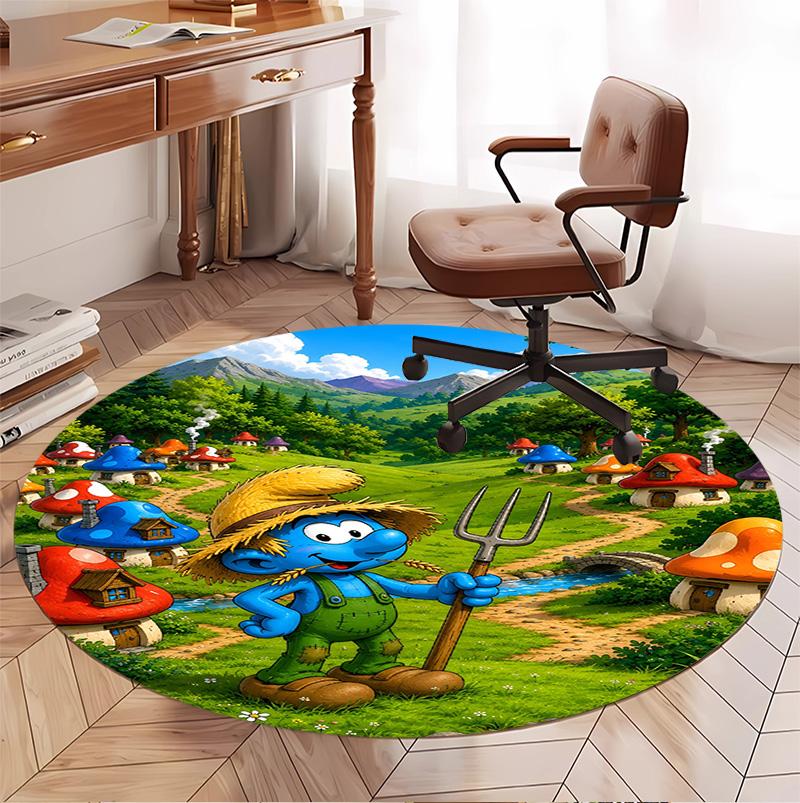 Blue Smurfs Pattern Round Rug, Indoor/Outdoor Mat, for Picnic, Gameroom, Bedroom, Office, Living Room, Home Decor Carpet, Birthday Gift