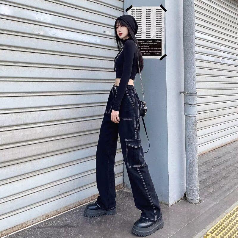 

Женские джинсы с высокой талией, прямого кроя, в стиле ретро - Новый стиль, свободные, утягивающие комбинезоны с широкими штанинами XL чёрный