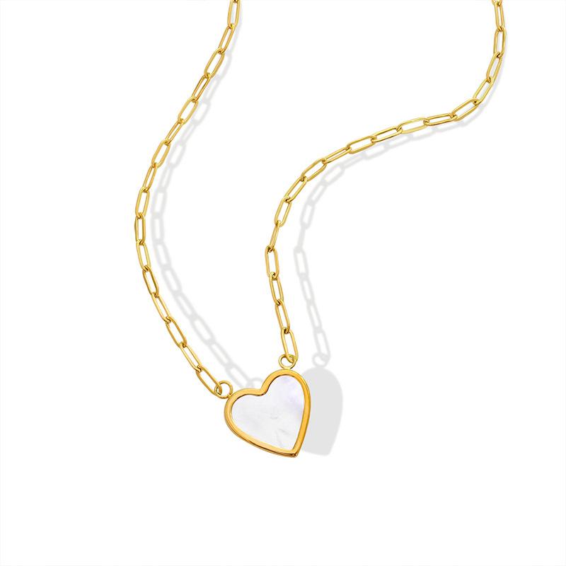 Korean Style Niche Design Sense White Sea Shell Peach Heart Necklace Female, Titanium Steel Plated 18K Real Gold Collarbone Chain P929