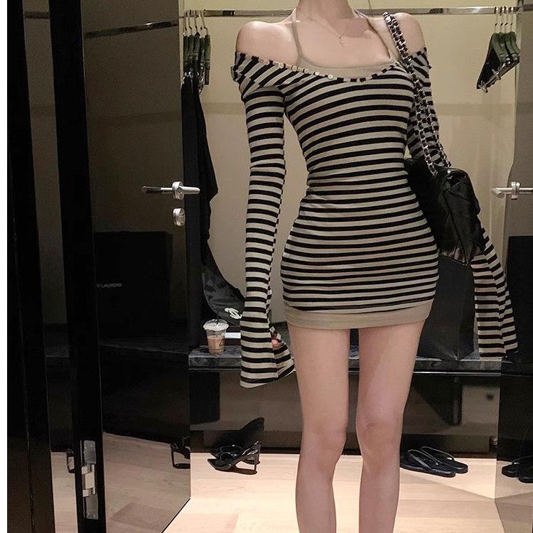 Autumn Flare Sleeve Striped Two-Piece Set - Women's Korean Style Sweet & Spicy Slimming Dress