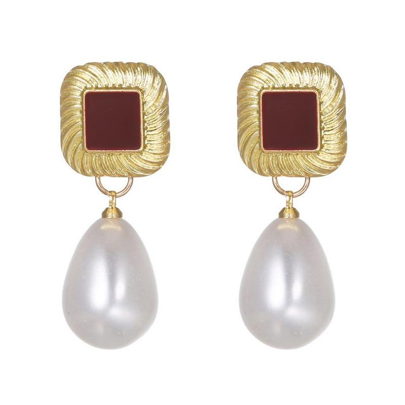 Vintage Wine Red Pearl Drop Earrings for Women Jewelry Trending New Hong Kong Style Women's Earrings Gift