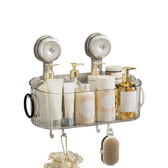 No-Drill Shower Caddy Removable Suction Cup Storage Shelf with Hooks Wall Mounted Clear Storage Box Bathroom Organizer for Shower Toiletries