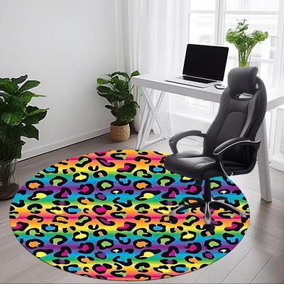 1 Stück Regenbogen-Leopardenmuster Stuhlteppich für das Büro, Runde Polyestermatte, Innendekoration für das Büro, Pflegeleichtes Gewebe, Waschbarer rutschfester Bereichsteppich