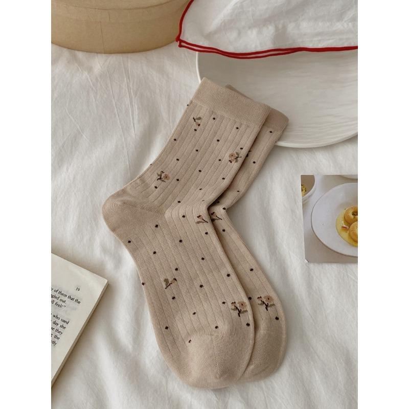 

Женские весенне-осенние винтажные хлопковые носки-пинетки с мелким цветочным принтом и принтом в горошек для балета, без косточек, в рубчик 1 pair хаки