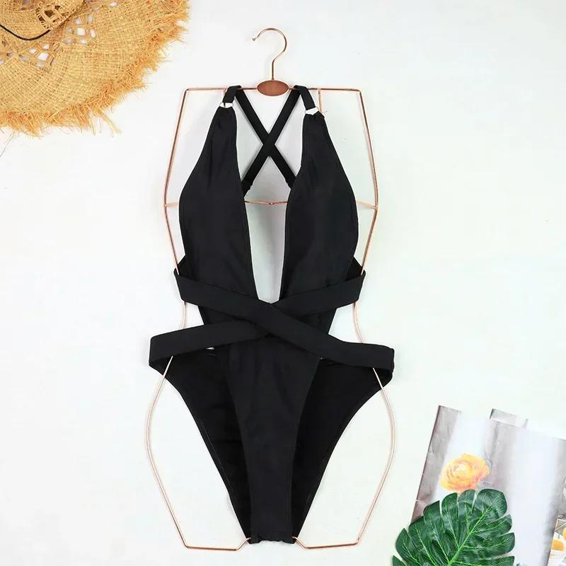 

Сексуальный цельный купальник женский черный глубокий V-образный вырез бандаж крест спинка пляжная одежда купальный костюм Banadores Mujer M чёрный